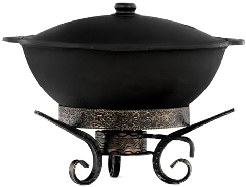 Kazan de Hierro Fundido Uzbeki de 10 L Con Base Redonda - Olla Giratoria Asia WOK Con Tapa de Aluminio para Camping