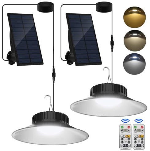 NATPOW Solar Shed Light Outdoor, Solar Pendant Lights Indoor Dimmable/Timing with Remote Control, IP65 Waterproof Solar 3000K/4000K/6000K Gazebo Lights with 9.84FT Cord for Garden Garage Barn (2Pack)