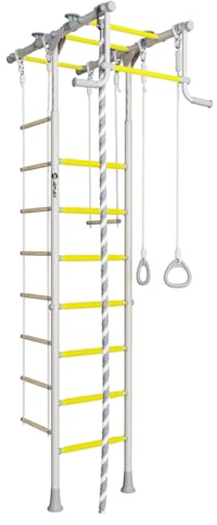 JEFLEX - weiß/gelbe Kinder Sprossenwand mit T-förmigem Rahmen/Kindersportkomplex für Fitness & Spaß im Kinderzimmer/Stabil, platzsparend & einfach zu montieren/inkl. Kletterwand Zubehör