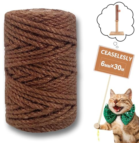 CEASELESLY 6mm*30m Cuerda Rascador para Gatos,Cuerda de sisal para Gatos,Natural Rollo de Cordel,Cuerda de Yute Gruesa para Decoración de Jardín y para El árbol Rascador de Gato (marrón)