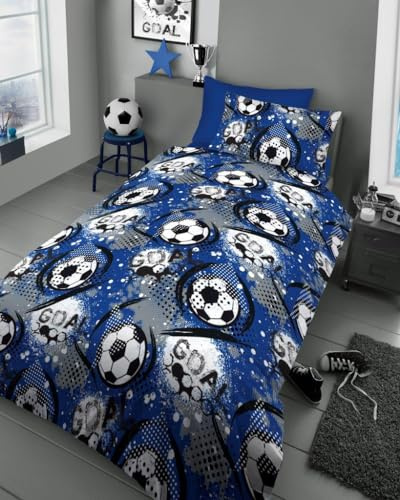 Lions Kids Blue Goal Bedding Set, Soft 100% Microfibre Polyester, Single Bed Size Duvet Covers with Matching Pillow Case, Quilt Cover for Boys Girls, 137x200cm
