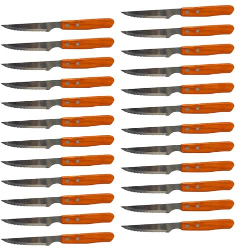 Acan Tradineur - Pack de 24 Cuchillos chuleteros de Sierra, Hoja de Acero Inoxidable de 10 cm y Mango de Madera, Cubiertos clásicos, Aptos para lavavajillas - 21 cm
