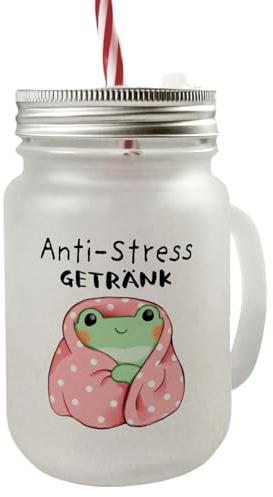 speecheese Frosch in rosa Decke Mason Jar Henkel Trinkglas mit Deckel mit Spruch Anti-Stress Getränk Kawaii Süß Plüsch-Frosch Design Relax Entspannung Anti-Stress Hilfe Backofenfest