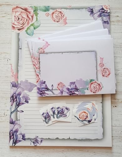 Briefpapier Watercolor Flowers - 12 Blatt DIN A4 Format - 6 Briefumschläge mit Verschlussaufklebern - Mehr Spaß - Postpapier Blumen