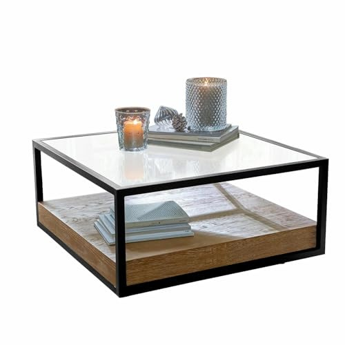 Loberon Couchtisch Westvale, Moderne Eleganz, Industrieller Touch, Sofatisch, Wohnzimmertisch, Eisen, Eichenholz, Glas, braun/schwarz
