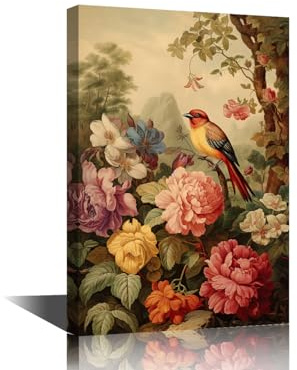 Wandkunst mit Blumen und Vögeln für Wohnzimmer, Vintage-Stil, brauner Hintergrund, Leinwand, Wandkunst, Vogel auf dem Ast, Bilder, Poster, moderne Wanddekoration, Kunst für Schlafzimmer, Büro,