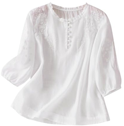 Boho Embroidered Tops for Women White Cotton Linen Peasant Blouses Summer Short Sleeve Bohemian Shirts Clothing Dressy Casual Work Tops