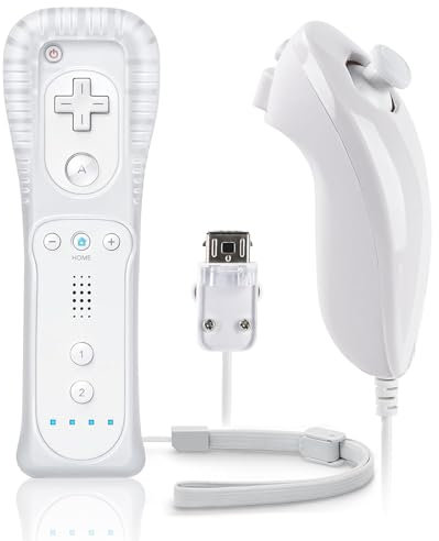 FIOTOK Telecomando Wii con Nunchuck, controller Wii con Nunchuck compatibile con Nintendo Wii/Wii U con custodia in silicone e cinturino da polso, bianco
