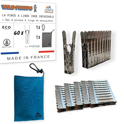 Wild PinUps: 10 Unzerbrechliche Edelstahl Wäscheklammern Pincinox mit Wäscheklammerbeutel und Karabiner. Für Waschküche, Wäscheleine, Wäschespinne. Robuste und langlebige Wäscheklammern Made in France