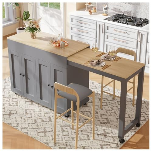 Wyibwy Mesa de bar extensible (118 – 180 × 50 × 94 cm), isla de cocina extensible con espacio de almacenamiento, con seis estantes, mesa de bar para comedor, divisor de espacios, color gris