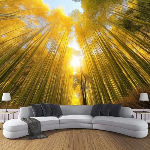 Papier Peint Panoramique Forêt De Bambous Jaune Doré Soie,350×256 Cm (W×H),Poster Geant Mural,Personnalisé 3D Motif De Grande Forêt De Bambous Pour Salon Chambre D'Enfants Restaurant Décoration Murale