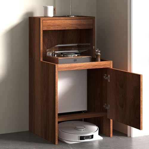 Valdoza Versteckter Schrank für Saugroboter mit Türen und Schubladen, Staubsaugerregal Stauraum für Wohnzimmer, Schlafzimmer, Küche, Aus Massivholz, Einfacher Wasserwechsel(Brown)