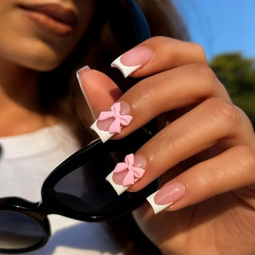 Press On Nails Square French Tip with 3D Pink Bow – Cute False Nails for Women, Short Stick On Nails, Acrylic-Like Fake Nails for Everyday Wear and Special Occasions