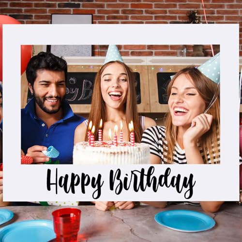 Beeveer 32 x 24 Inch Extra Large Happy Birthday Photo Booth Selfie Frame Props Picture DIY Cutouts Photo Backdrop Cardboard Props for Party Supplies Favors(Horizontal,White)