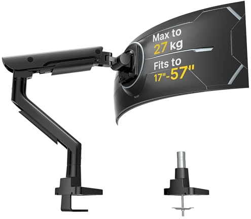 monTEK Heavy Duty Monitor Arm for 17–57” Ultrawide Screen up to 27KG, Black | Aluminum Single Monitor Mount WITH Pneumatic Lift/ Quick-Release Plate/ Clamp/Grommet, VESA 75MM&100MM
