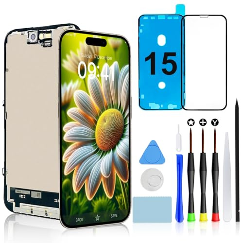 for iPhone 15 Screen Replacement Kit, 6.1 FHD LCD Touch Display Assembly | COF Touch Screen Digitizer Assembly with Repair Tools, Waterproof Adhesive Seal, Tempered Glass Protector & Installation Kit