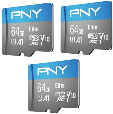 PNY Elite Lot de 3 Cartes mémoire Flash pour appareils Mobiles Classe 10 U1 V10, A1 MicroSDXC 100 Mo/s, Full HD, UHS-I, Micro SD 64 Go