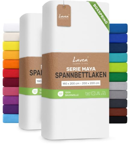 Lavea® 2er Pack Spannbettlaken 180/200x200cm – Weiß | 100% Baumwolle – Für Boxspringbetten und Wasserbetten – Für Matratzen bis ca. 35 cm Höhe – Formstabil