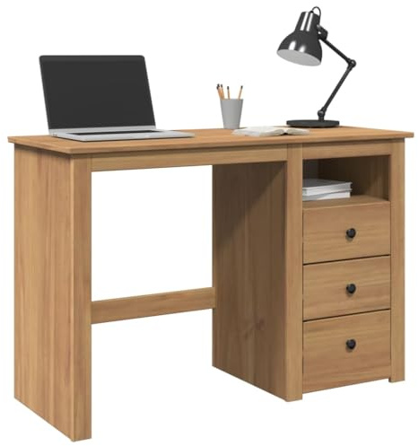 Yunovire Schreibtisch Panama 112x45x75 cm, Massivholz Kiefer Honigwachs-Finish, 3 Schubladen, für Home Office, Kinderzimmer & Gaming, natürlicher Computertisch