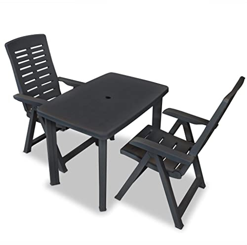 Yunovire 3-TLG. Bistro-Set Kunststoff Anthrazit, wetterfest, verstellbare Stühle, klappbar, Gartentisch mit Schirmloch, für Balkon, Garten, Terrasse, Außenbereich, pflegeleicht