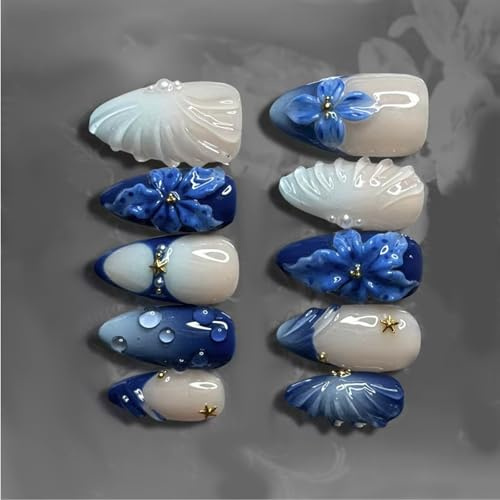 Lot de 24 faux ongles inspirés de style vintage avec perles et lys bleus - Décoration en ABS facile à porter