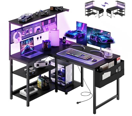 YOUDENOVA Gaming Tisch L Form, Gaming Schreibtisch mit LED, Steckdose, Reversibel Eckschreibtisch mit Regal & Lochwand, 120x80cm Computertisch mit Stauraum & PC-Halter, für Homeoffice & Gamer, Schwarz
