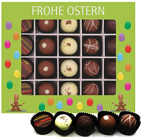 Hallingers Frohe Ostern grün XL - Ostergeschenke für Osterkörbchen zu Ostern, Pralinen handmade teils mit Alkohol (Box) - Ostergeschenke Osterkörbchen Ostereier & als Osterdeko | Glückwunsch Glückwüns