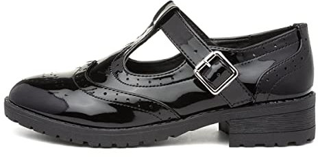Lilley Girls Black Patent Brogue T-Bar School Shoe - Size 3 UK - Black