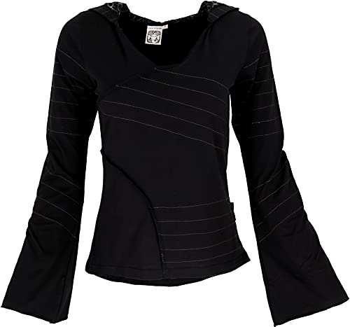 GURU SHOP Elfen Hoody, Langarmshirt, Pixi Shirt, Kapuzenpullover Flower of Life - Schwarz, Damen, Baumwolle, Size:L