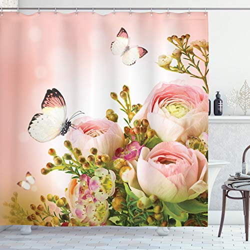 ABAKUHAUS Schmetterling Duschvorhang, Blühende Feminine Roses, Stoffliches Gewebe Badezimmerdekorationsset mit Haken, 175 x 220 cm, Hellrosa