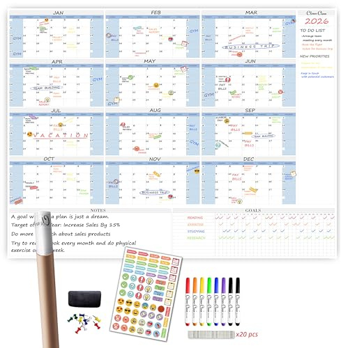 CLEVER CLEAN Großer, trocken abwischbarer Wandkalender – 121,9 x 147,3 cm, 12 Monate 2025, undatiert, Jahreskalender für Zuhause, Büro, Schule, Projekte, Jumbo, laminierter Aufgaben-Organizer