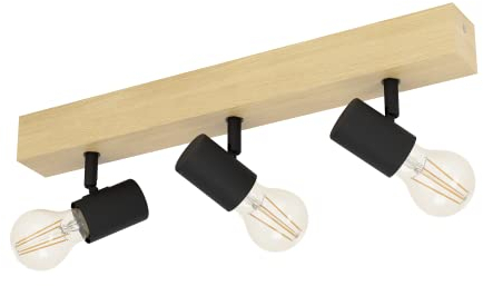 EGLO Deckenlampe Townshend 3, 3 flammiger Vintage Deckenspot im Industrial Design, Retro Lampe aus Stahl und Holz, Farbe: Schwarz, braun, Fassung: E27