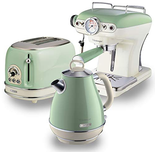 Ariete ARPK5 Retro Style Jug Kettle, 2 Slice Toaster and Espresso Machine Set, Vintage Design, Green