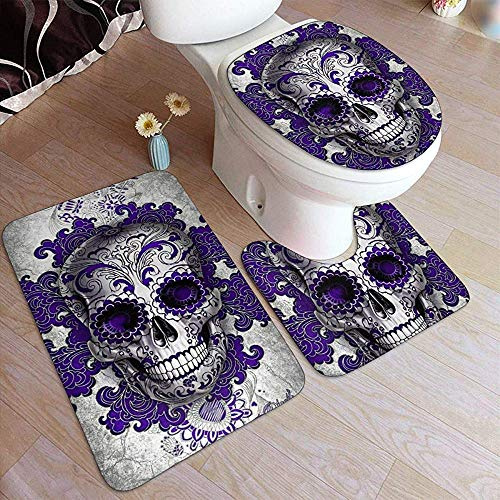 Liz Carter Bath Rug 3 Pack Bathroom Mats Set U-Shape Contoured Toilet Mat Rugs Floor Toilet Seat Mat Big Flowers and Skull Halloween