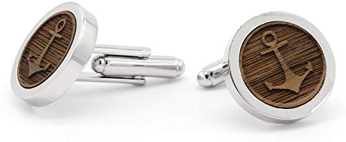 NaturSchatulle Manschettenknöpfe Herren Holz 3D Gravur Anker | 1 Paar Silber Manschettenknopf Rund Hochzeit Anzug Männer Cufflinks for Men