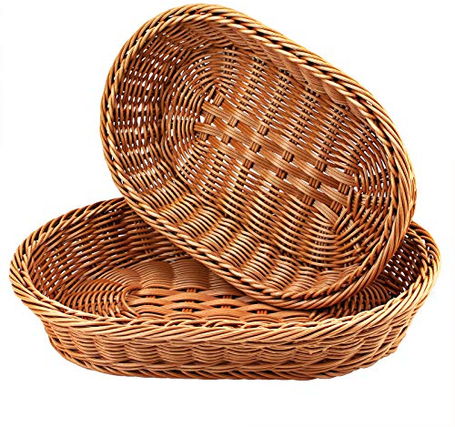 WANDIC - Cestino in tessuto, 2 cestini per pane in vimini per alimenti, frutta, verdura, supermercato, per servire ristorante cucina, ovale/marrone (35 x 25 x 7 cm/30 x 20 x 7 cm)