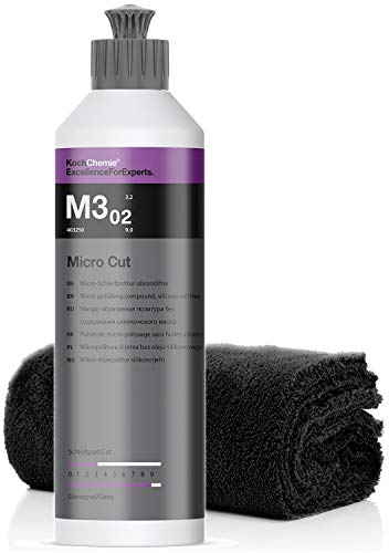 detailmate Koch Chemie Politur Set: Koch Chemie Micro Cut M3.02 Micro-Schleifpolitur silikonfrei, 250ml randloses Mikrofasertuch, 40 x 40cm, 550GSM