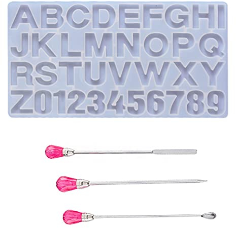 Hoshisea Molde de Resina con Número de Letra, con Agitador de 3 Piezas, Molde de Resina de Silicona con Letras, Moldes de Resina para Fundición, Utilizado para Hacer Joyas y Llaveros (Blanco)