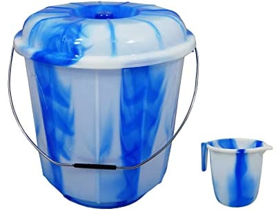 Set of 2- Tiedye Design 25L Litre Extra Large Bucket Bin Lid With 1.5L Plastic Water Jug with Handle and Spout Kitchen Plastic Mugs for Bathroom/Home/Kitchen (Blue)