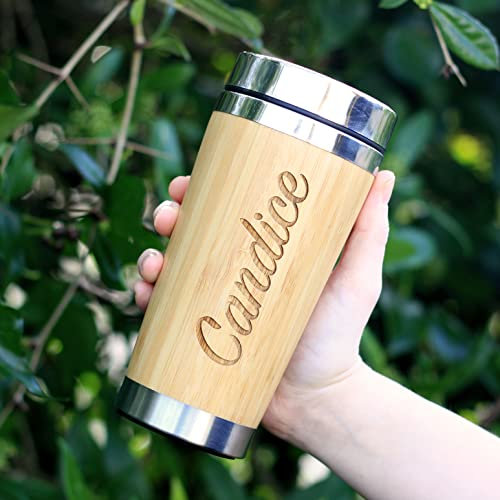 eBuyGB Personalised Insulated 500ml Bamboo Travel Mug, Reusable Drinks Flask, Double Walled Stainless Steel Travel Cup