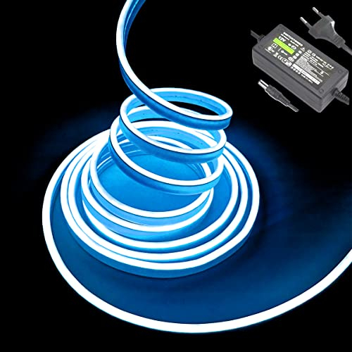 Balabaxer Eisblau Neon-LED-Streifenlichter, 16,4 Fuß/5 m 12 V DC 600 SMD2835 LEDs Wasserdichtes Lichtschlauch für Indoor Outdoor Home Decoration (mit Netzteil)