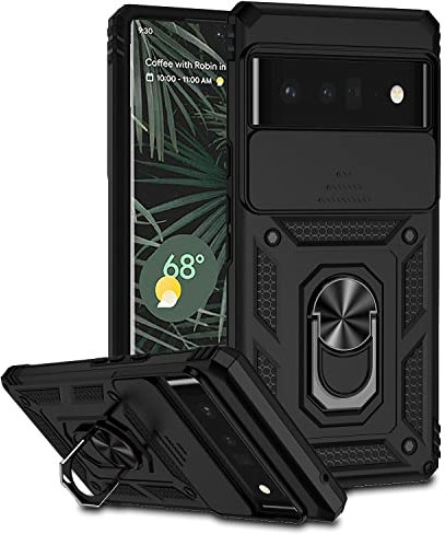 Jiyu Coque Compatible avec Google Pixel 6 Pro, Étui avec Cache Caméra & Support à Bague 360 Armor Full Body Antichoc Anti-Chut Housse TPU Silicone Bumper Cover,Noir