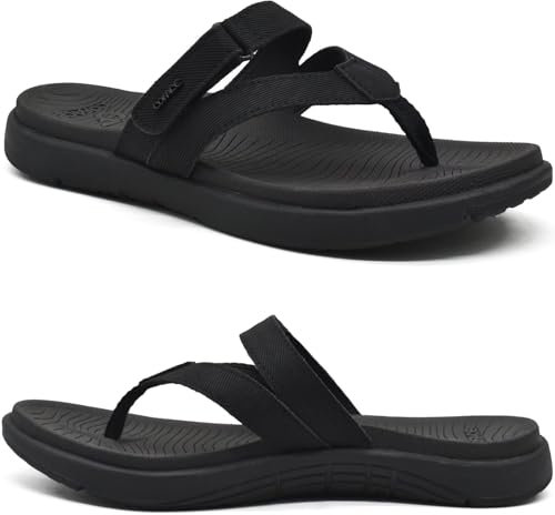COFACE Flip Flops Damen Orthopädische Leder Stoff Leicht Zehentrenner Frauen Bequeme Plantarfasziitis Fussbett Breite Füße Badelatschen Sommer Strand Zehensandalen Rutschfest Gummi Sohle Schwarz 38