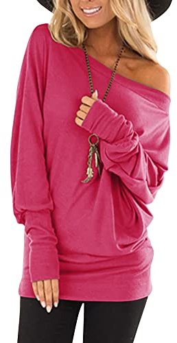 Hiistandd Women's Off Shoulder Tops Shirts Baggy Batwing Top Shirts Jumper Tunic Knit Oversized Pullover Sweater T Shirt Casual Tunic Tops Blouse Rose