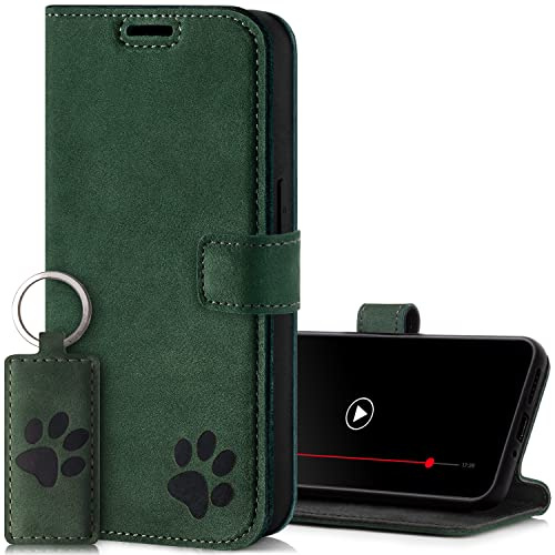 SURAZO Premium Handyhülle für Samsung Galaxy A54 5G – Premium Echtleder Schutzhülle mit Pfote Motiv – RFID Klapphülle [Magnet, Standfunktion, Kartenfach] Cover Hülle Leder Case Lederhülle (Dunkelgrün)