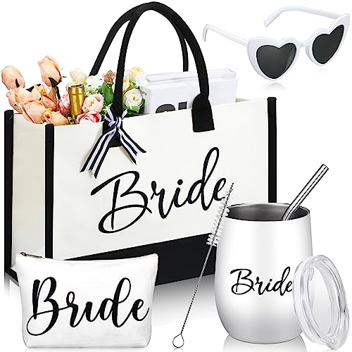 Sweetude Wedding Bride Gifts Bridal Bride Bag with Makeup Bag White Heart Shaped Sunglasses Stainless Steel Champagne Bride Cup with Straw Brush for Bachelorette Engagement Wine Party