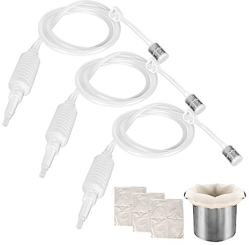 3 Stück Brew Siphonröhre Silikon, Weinheber Abfüllschlauch 2.3M, Siphon Rohr Schlauch Filter, Weinherstellung Siphonröhre mit Filtertasche, Handsiphonfilter Wein Heberfiltersatz für Heimbrauen Bier