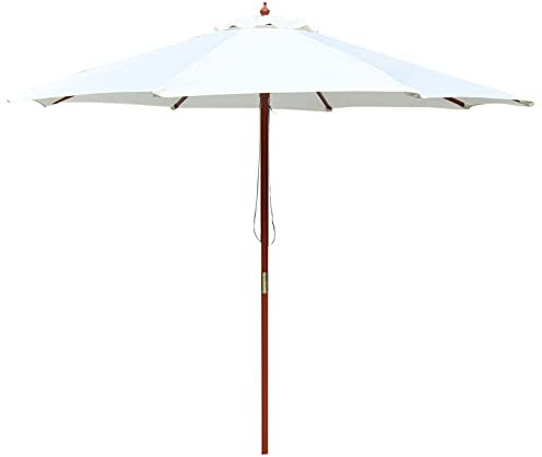 Sonnenschirm aus Holz, 2,7 m, mit Riemenscheibe, runder Terrassenschirm, Holzstange, tragbarer Outdoor-Markttisch-Regenschirm, 8 Rippen, UV-Schutz, wasserdicht, 160 g Polyester, weiß