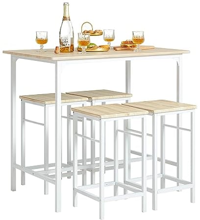 SoBuy Breakfast Bar Table and Stools Set 5-Piece Kitchen Dining Set with High Table & 4 Stools Space Saving Compact Bar Furniture for Small Kitchens and Flats OGT11-WN