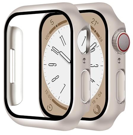 Uluck 2 Stück Hard Hülle mit Glas Displayschutz Kompatibel Apple Watch Series 9/8/7 45mm, Displayschutz Rundum Schutzhülle Schutzhülle Ultradünnes Schutz Case, Sternenlicht